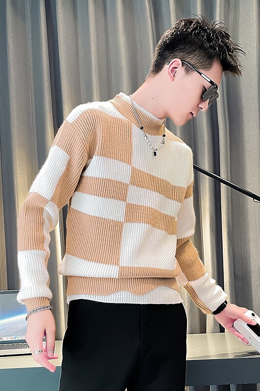 M21P68精神小伙卡其个性百搭拼色毛衣服店主秋冬修身针织衫,男装针织衫/毛衣,电商B363-1