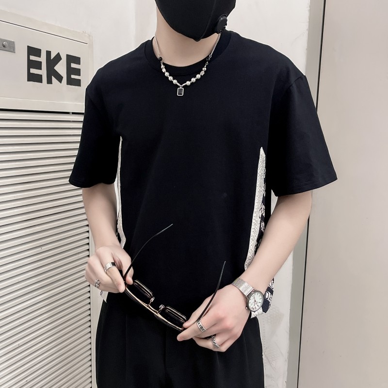 TX15-P48社会小伙男装落肩T恤春季新品简约时尚拼接设计短袖T恤,男装T恤,电商B363-1