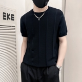 ZZ01-P58社会小伙男士夏季新款肌理条纹针织冰凉圆领纯色短袖T恤，男装针织衫/毛衣，电商B363-1