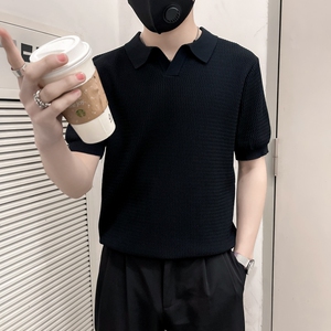 ZZ03-P58社会小伙黑色男士休闲轻熟风针织衫高端翻领t恤潮牌图片