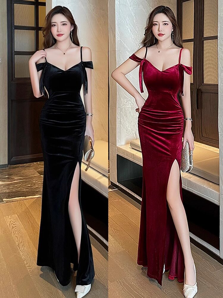 吊带低胸开叉晚礼服KTV小姐性感连衣裙女洗浴按摩桑拿技师工作服