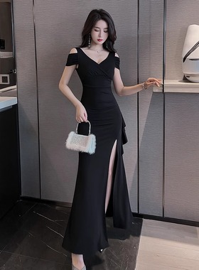 性感连衣裙纯欲风夜总店黑色开叉夜场长裙晚礼服沐足浴技师工作服