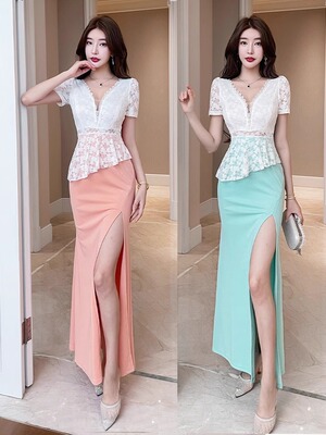 技师工衣宴会短袖礼服收腰长裙女