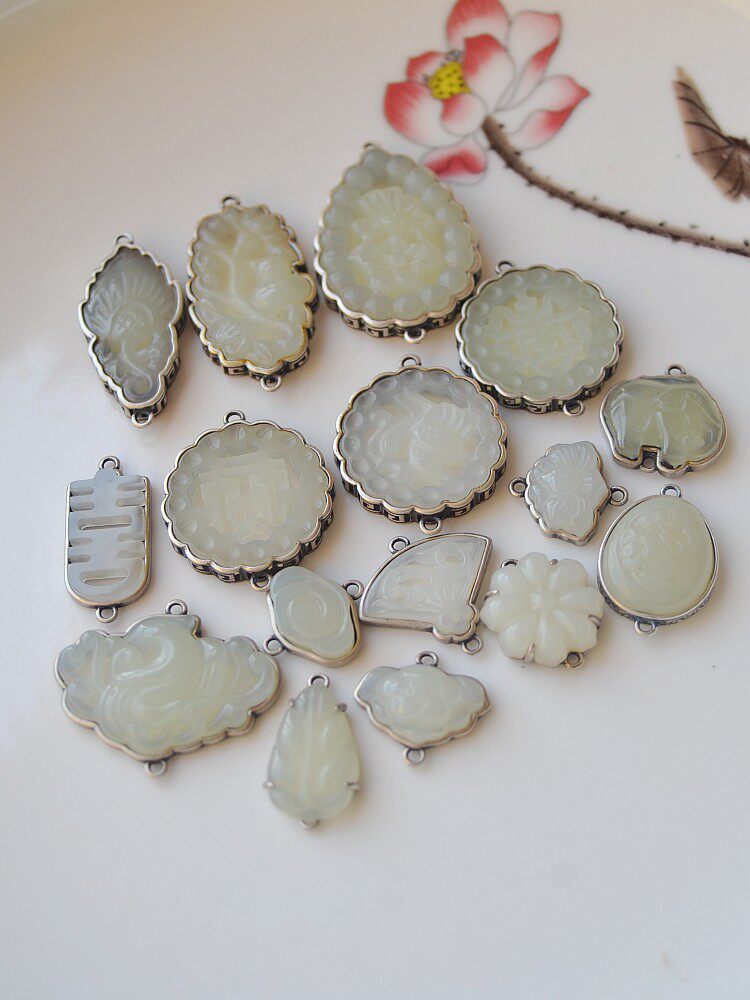 더블 링 빈티지 실버 상감 HETIAN 옥 옥 연결 액세서리 DIY  주얼리 액세서리