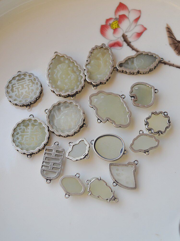 더블 링 빈티지 실버 상감 HETIAN 옥 옥 연결 액세서리 DIY  주얼리 액세서리