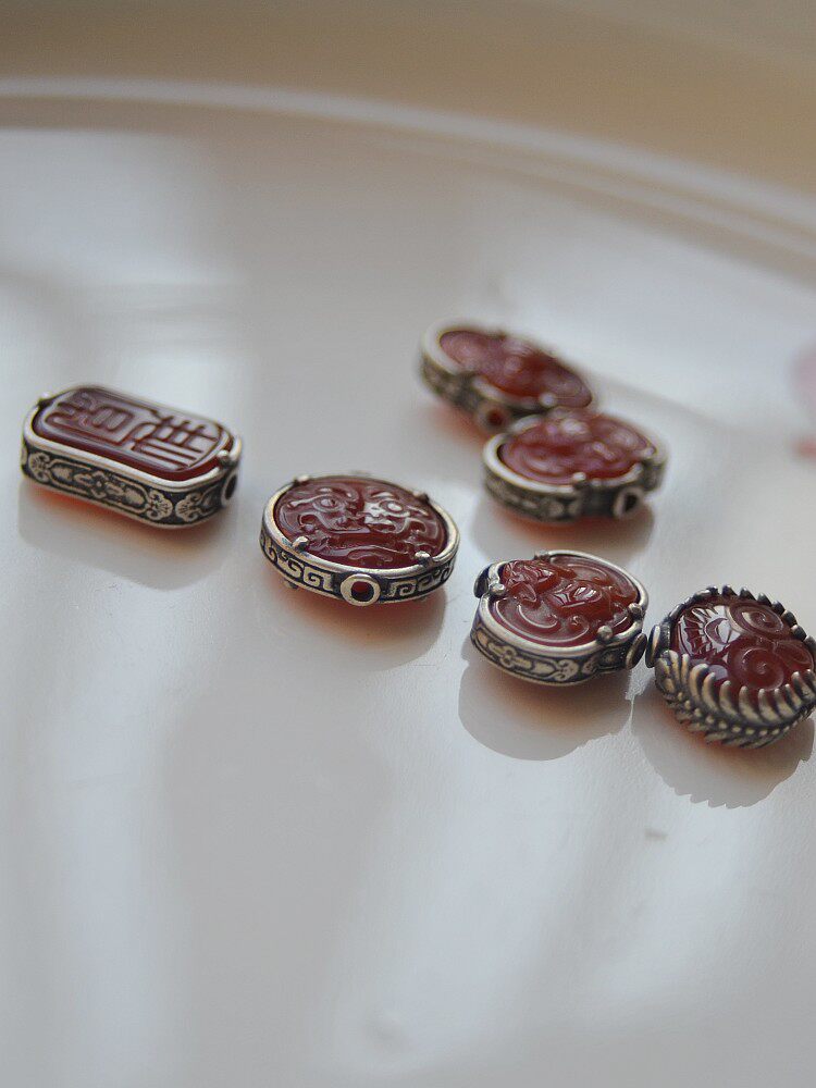 비즈 실버 붉은 마노 비즈와 상감 팔찌 팔찌 펜던트 비즈 DIY  팔찌 액세서리 실버 액세서리