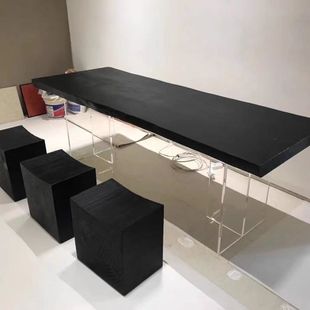 侘寂风实木大板桌茶台黑色白蜡木家用书桌办公桌亚克力悬浮工作台