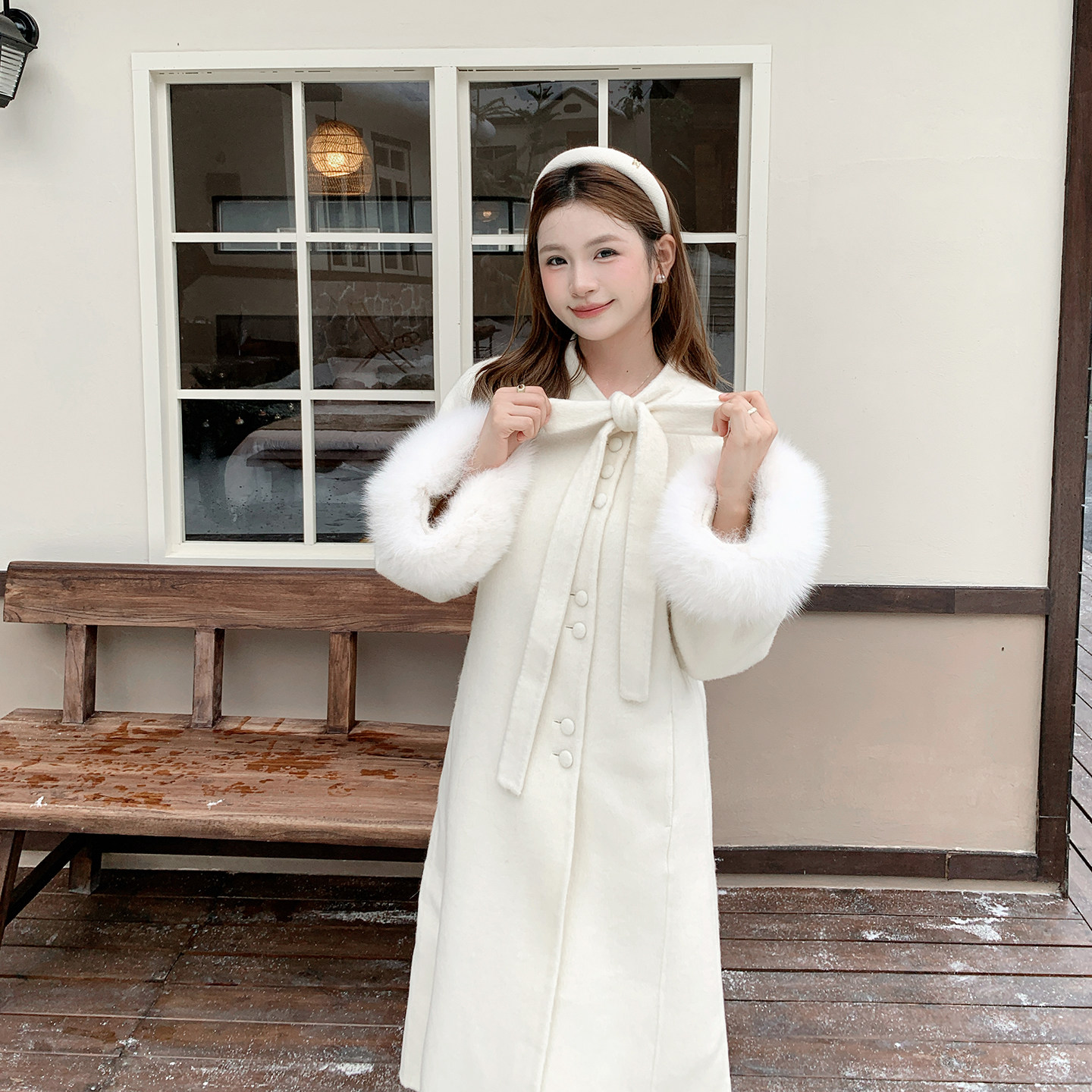 狐狸毛领双面羊毛中长款大衣女冬