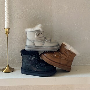 头层牛皮儿童雪地靴2025新款冬季加绒加厚女童鞋子大棉鞋男童防水