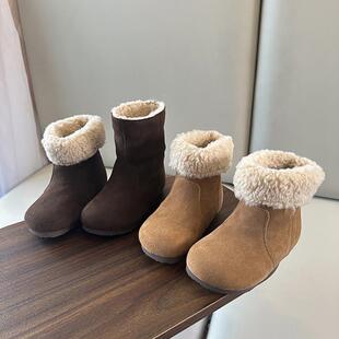 两穿真皮靴子儿童短靴2025冬季新款女童羊羔毛加厚中筒棉鞋勃肯靴