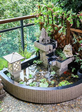 创意阳台鱼池水j景花园布置庭院水池装饰造景假山盆景植物流水摆