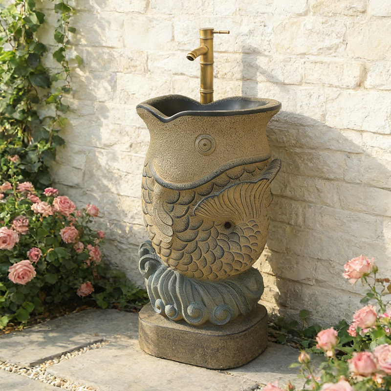 陋石仿中式庭院造景洗手盆户外立柱古典装饰洗脸盆花园一体落地式,家装主材,立柱盆,淘宝优惠券,粉丝福利购,淘宝优惠卷