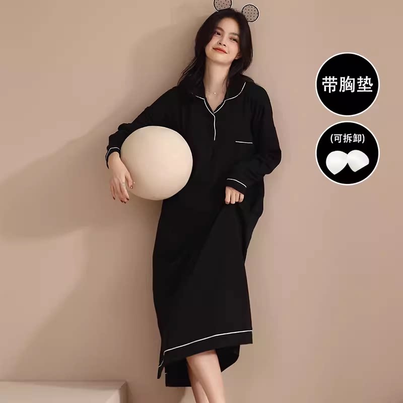 纯欲风莫代尔长袖睡裙女春秋季带胸垫韩版大码宽松黑色睡衣家居服