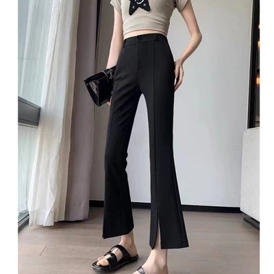 喇叭裤女夏季薄款2024新款小个子高腰显瘦休闲黑色开叉微喇裤子