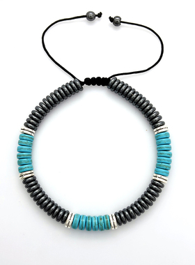 简约风时尚黑胆石隔片编织手链蓝色松石车轮珠编织手串可调节