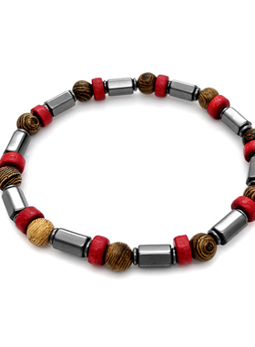 欧美百搭红色木珠隔片手链黑胆石六角圆柱串珠弹力手链
