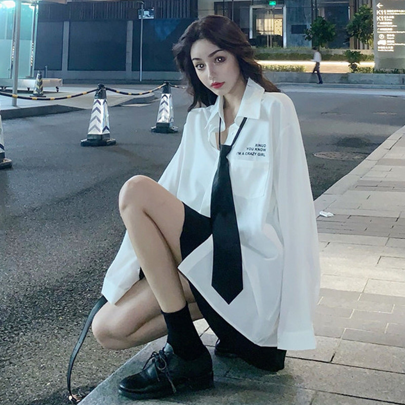 0衬衫秋季字母印花白色长袖领带