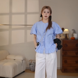 高端货~复古小资泡泡袖短袖衬衫女夏设计感小众系带皱褶显瘦上衣