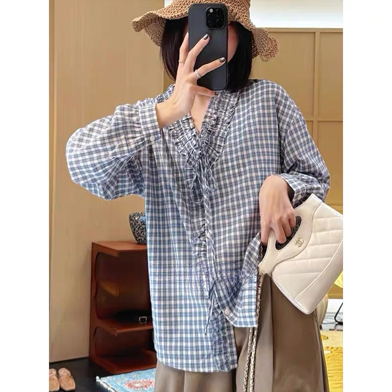 高端货~韩系v领木耳花边法式小资格子衬衫女秋季重工褶皱系带上衣