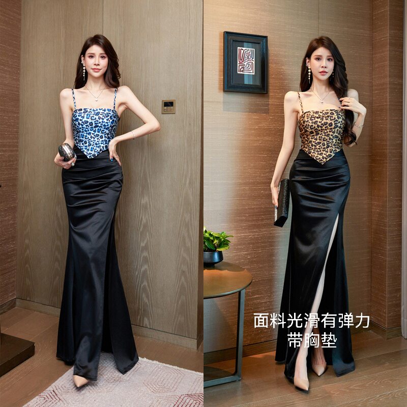 性感豹纹吊带长裙高腰收腰鱼尾修身开叉礼服夜店足浴KTV佳丽长裙