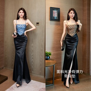 性感豹纹吊带长裙高腰收腰鱼尾修身开叉礼服夜店足浴KTV佳丽长裙