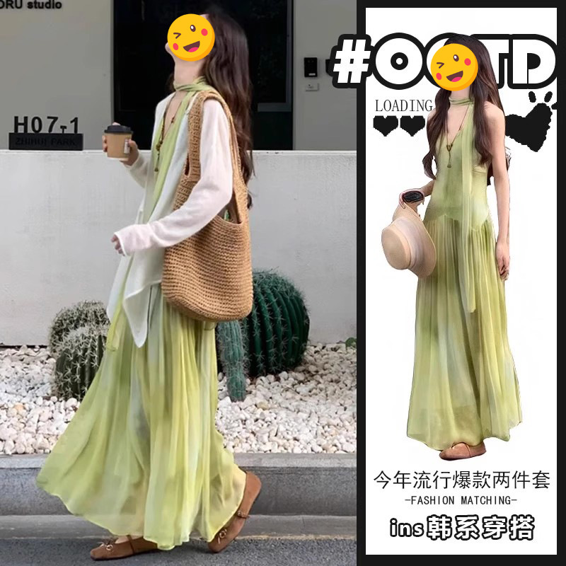 法式V领吊带连衣裙女夏季2025飘带压褶时尚a字连衣裙海边度假长裙