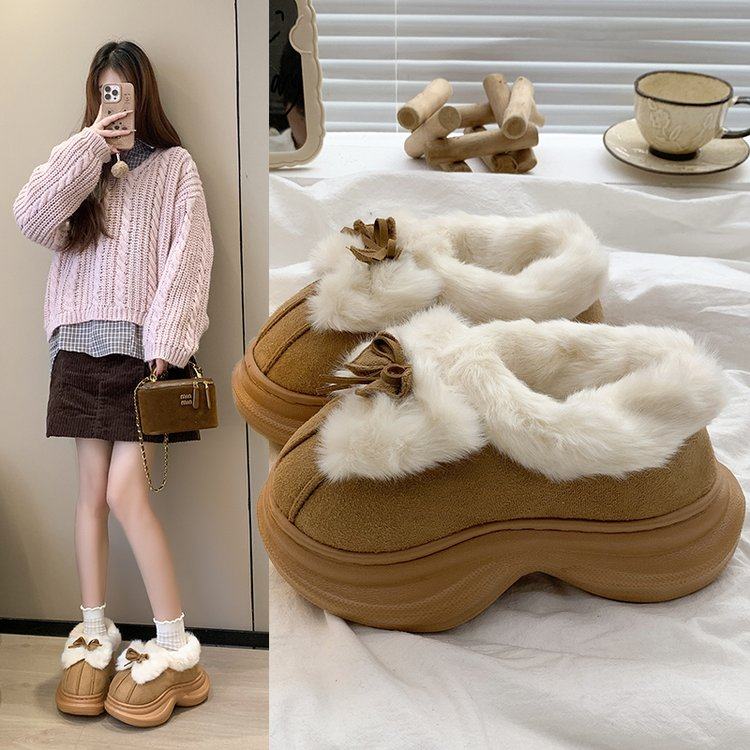 2025春季新款单鞋2025年冬季平底橡胶深口圆头人造长毛绒