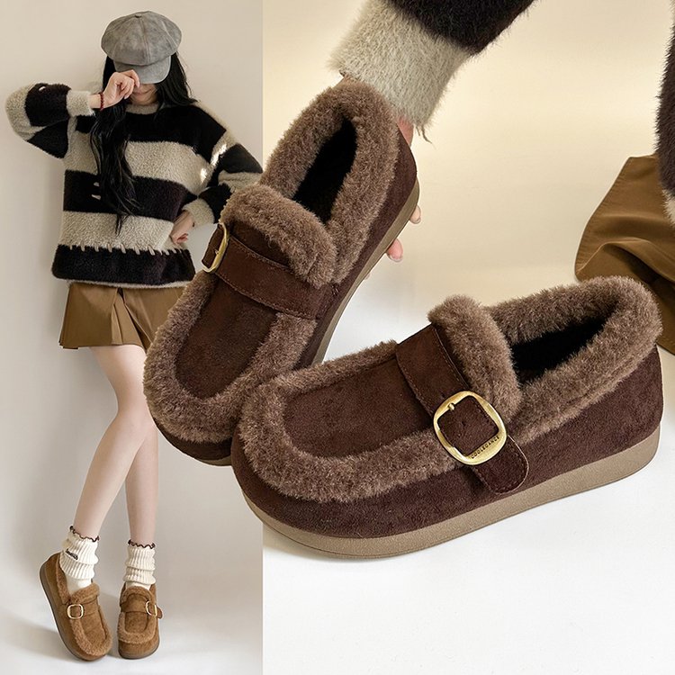 2025春季新款深口圆头低跟(1-3cm)橡胶松糕底绒面单鞋