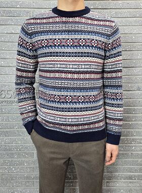 BASSO HOMME韩国代购25年冬季深蓝色条纹圆领羊毛混纺长袖羊毛衫