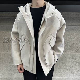 Liberclassy韩国代购24年冬乳白色连帽宽松羊毛羊绒混纺夹克外套