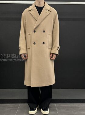 ZIOSONGZIO韩国代购25年冬季米色翻领双排扣羊毛混纺中长呢大衣男