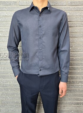 BASSO HOMME韩国代购25年春夏季韩版深蓝方领亚麻休闲长袖衬衫男