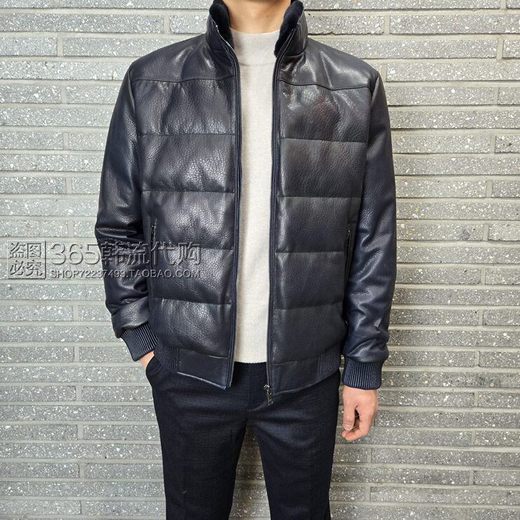 BASSO HOMME韩国视频代购25冬季深蓝色立领真皮羽绒皮衣夹克外套
