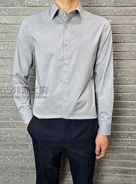 BASSO HOMME韩国代购25年春季灰色方领弹力男士通勤商务长袖衬衫