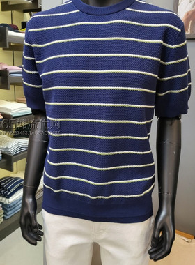 BASSO HOMME韩国代购2025年夏季圆领蓝色条纹青春活力针织短袖T恤