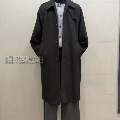Liberclassy韩国代购2025年黑色翻领宽松羊毛混纺手工中长呢大衣
