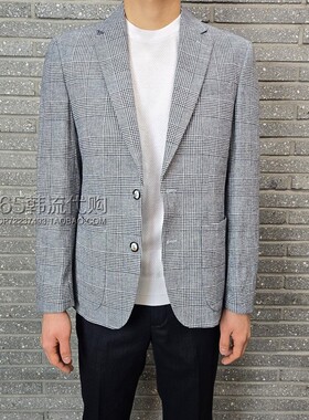 BASSO HOMME韩国代购25年夏季韩版修身深蓝色格子棉麻便服上衣男