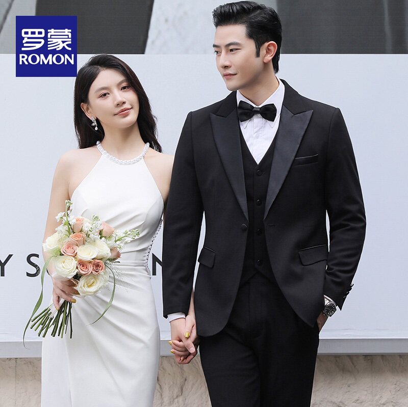 罗蒙新郎西服套装男韩版修身塔士多羊毛西装高端订婚结婚礼服正装
