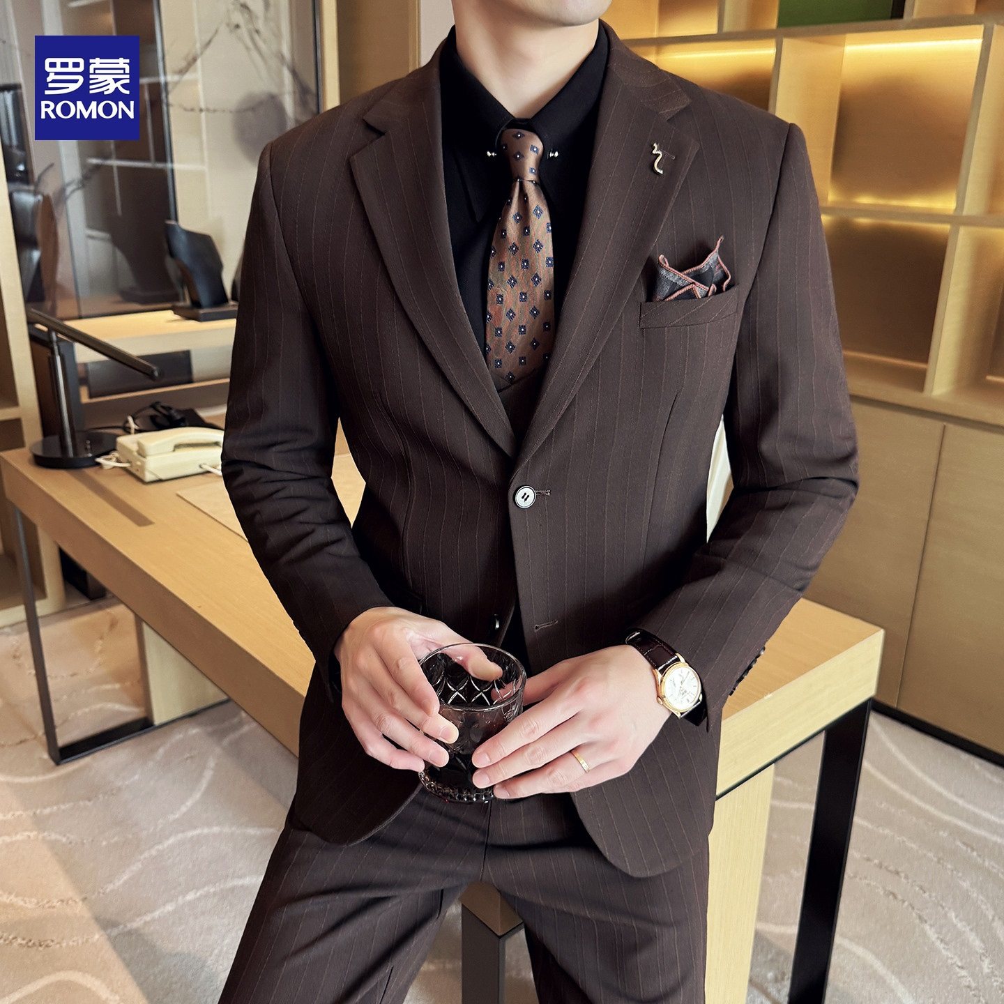 罗蒙条纹西服套装男士商务正装高端英伦西装修身外套新郎结婚礼服