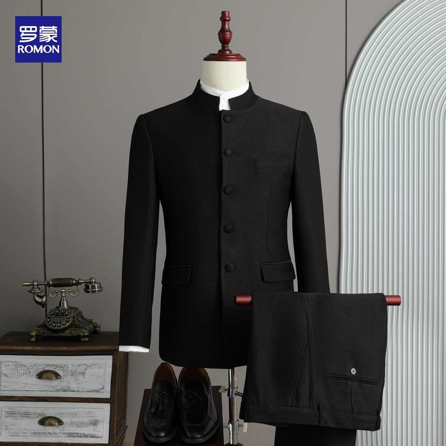 罗蒙中山装西装男套装正装立领西服新郎结婚订婚礼服中国风宴会装