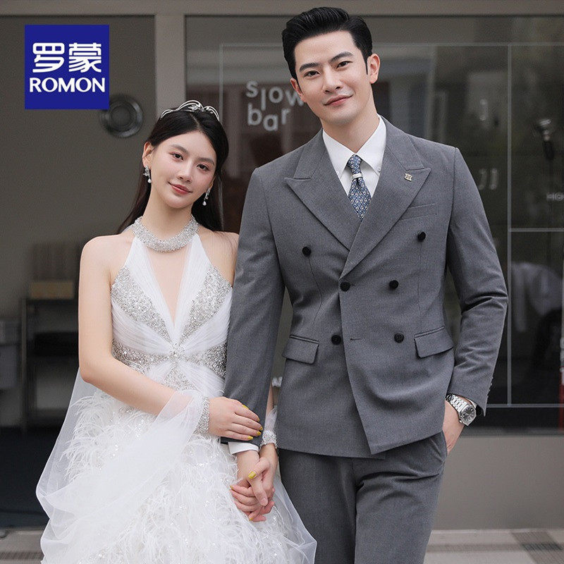 罗蒙双排扣西服套装男士商务正装高级感英伦修身西装新郎结婚礼服