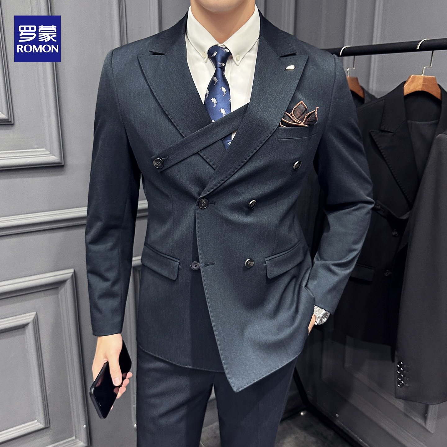 罗蒙双排扣西服套装男士商务正装英伦修身西装高级感新郎结婚礼服