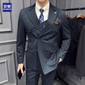 男士 商务正装 英伦修身 罗蒙双排扣西服套装 西装 高级感新郎结婚礼服