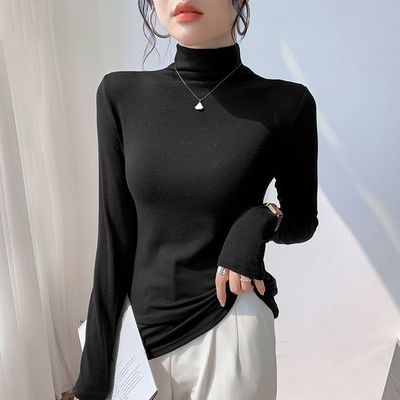 黑色半高领长袖t恤打底衫女上衣