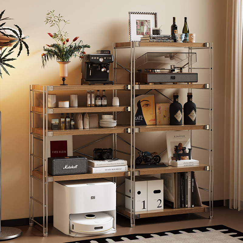 日式钢木置物架落地收纳架子阳台储物架书架扫地机器人下空高脚架