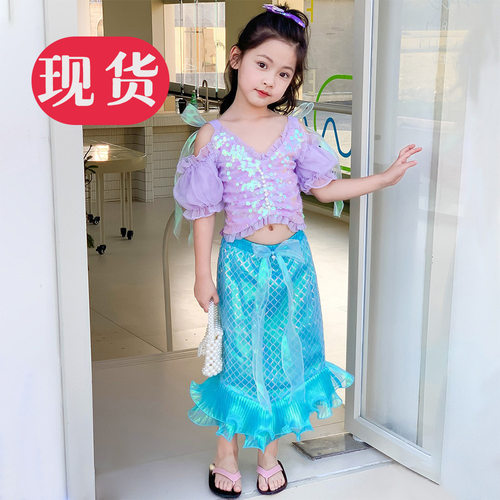 女童美人鱼套装礼服裙亮片蝴蝶结吊带公主裙泡泡袖沙滩鱼尾裙MB09