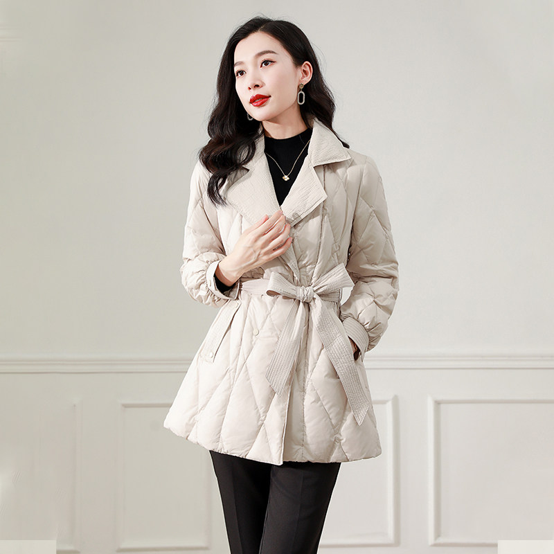 【商场品质】轻薄羽绒服女中长款系带收腰2024新款西装领冬季外套
