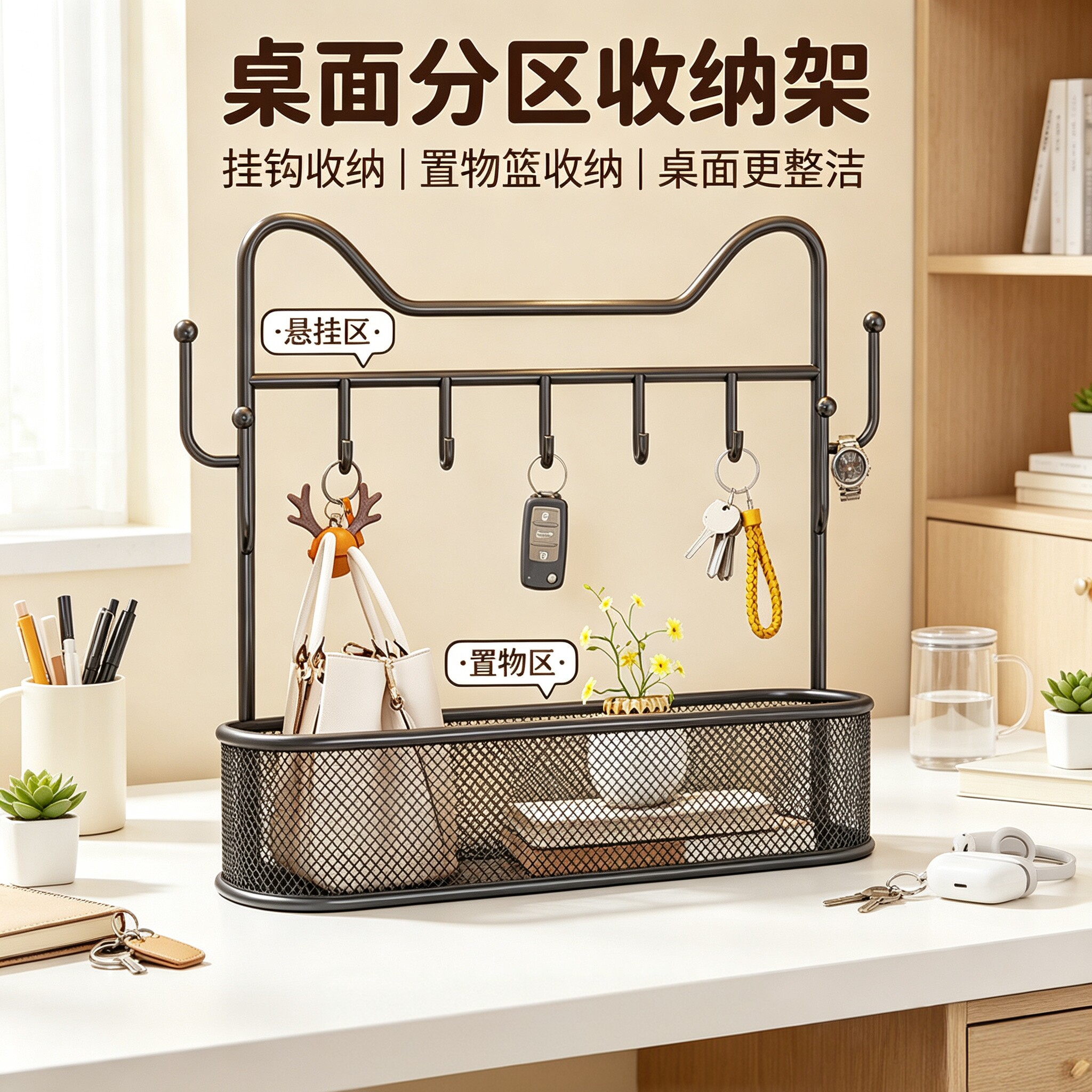 玄关钥匙收纳架桌面置物架进门门口挂钥匙首饰包包多功能整理架子