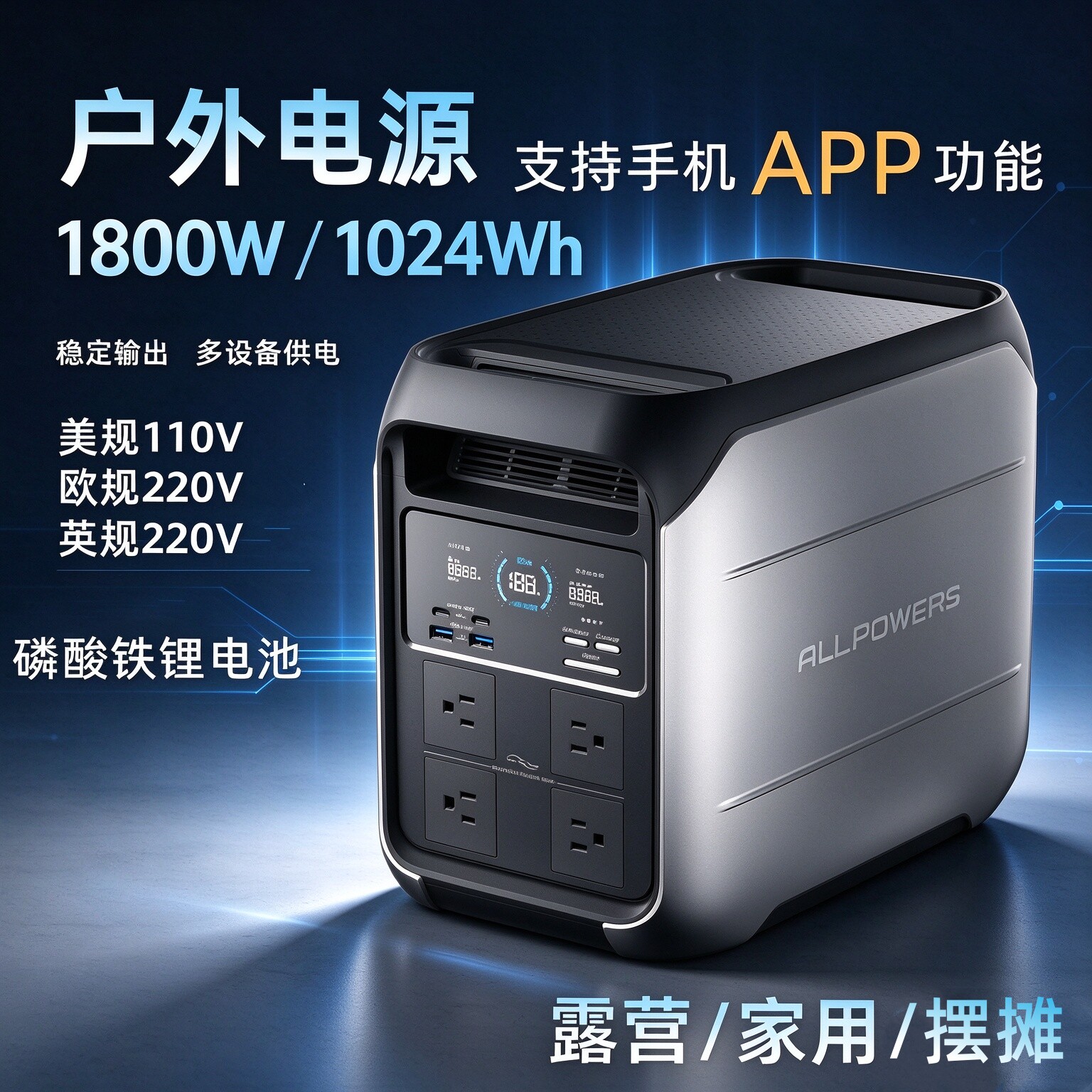 美规110v行動電源+手机app+香港英规戶外電源1800w+磷酸铁锂电池