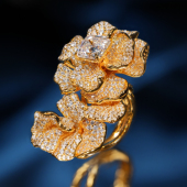 VISING莫桑钻石金色绽放花朵戒指D色2.5克拉S925晚宴